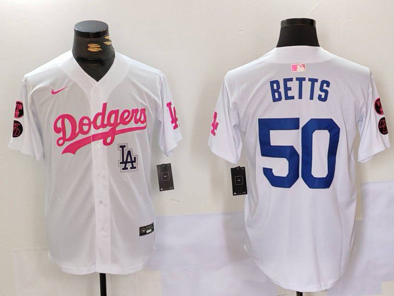 Men Los Angeles Dodgers #50 Betts White pink joint name 2024 Nike MLB Jersey style 5
